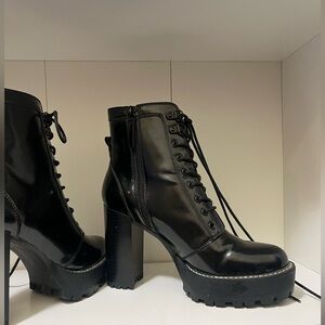 stradivarius Black Patent Chunky Heel Lace-Up Ankle Boots